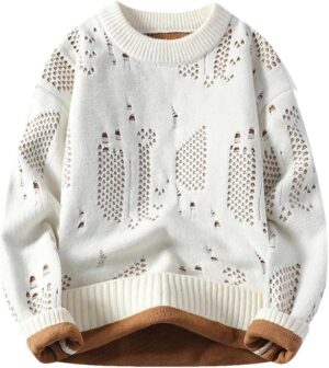Soft Winter Knit Sweater – Cream & Brown Warm Fleece-Lined Pullover